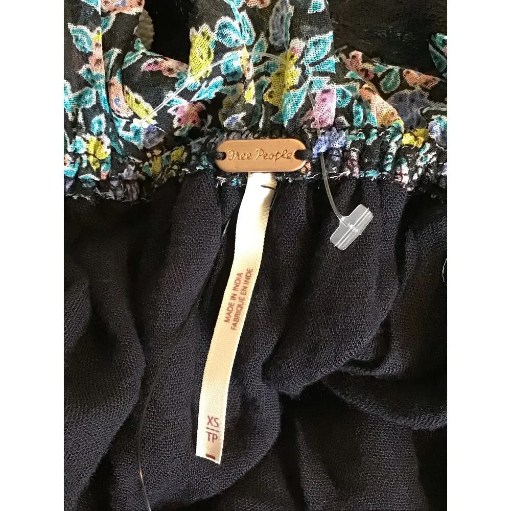 Free People Pennie Mini Dress floral print, long blouson sleeves lace trim XS